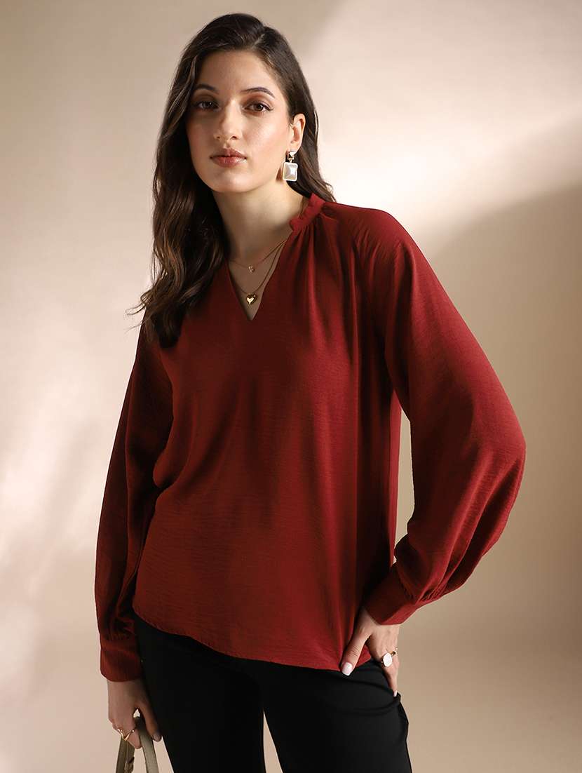globus women maroon mandarin neck raglan cuffed sleeves self design gathered detail workwear top - 22052972 - Zoom Image - 0