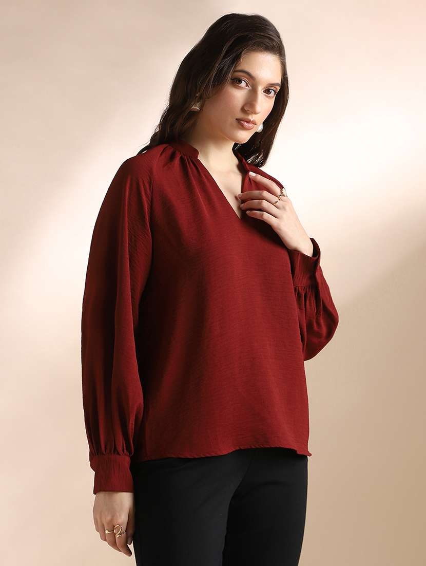 globus women maroon mandarin neck raglan cuffed sleeves self design gathered detail workwear top - 22052972 - Standard Image - 1