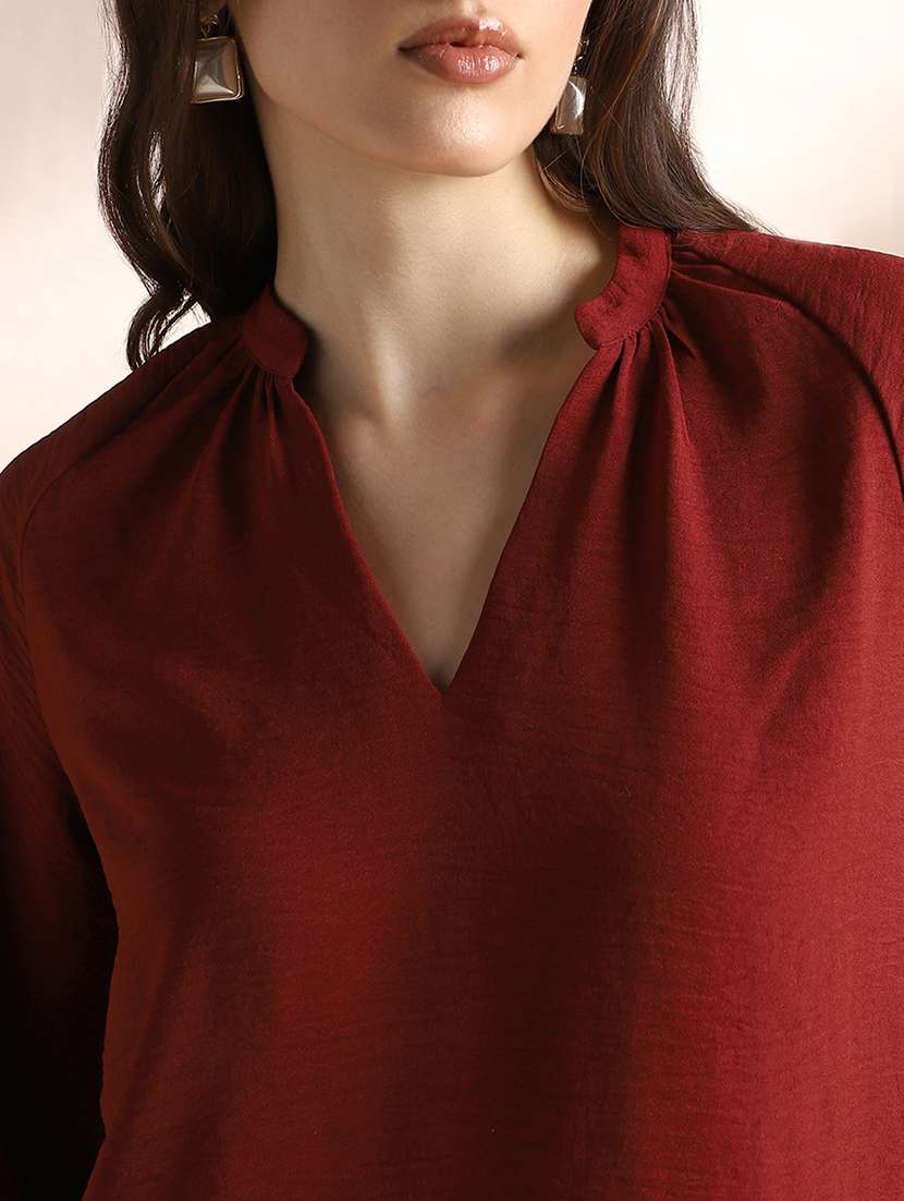 globus women maroon mandarin neck raglan cuffed sleeves self design gathered detail workwear top - 22052972 - Standard Image - 4