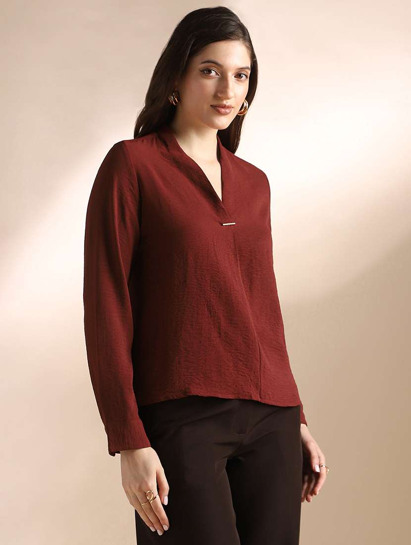 globus women burgundy v-neck cuffed sleeves self design workwear top - 22052973 -  Standard Image - 1
