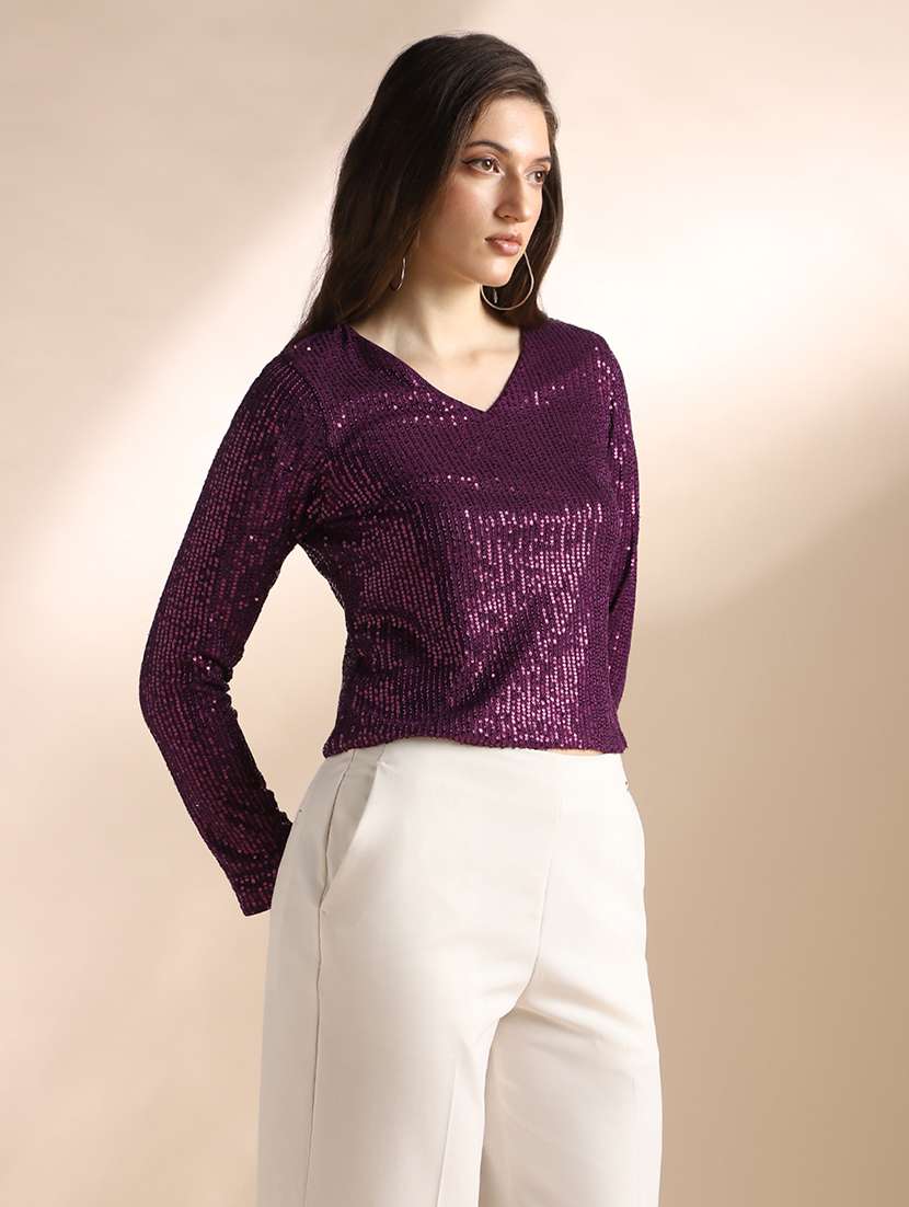 Globus Women Burgundy V-neck Long Sleeves Sequin Embellished Party Top - 22052975 -  Standard Image - 1