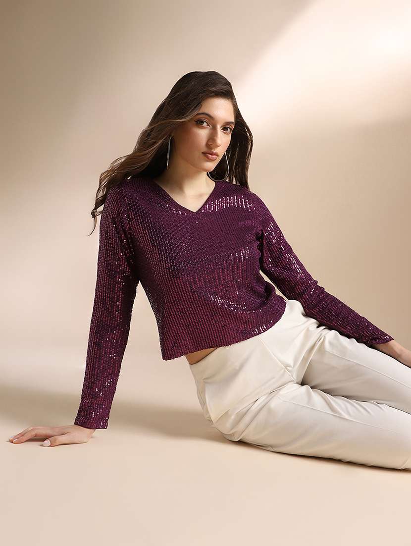 Globus Women Burgundy V-neck Long Sleeves Sequin Embellished Party Top - 22052975 -  Standard Image - 4