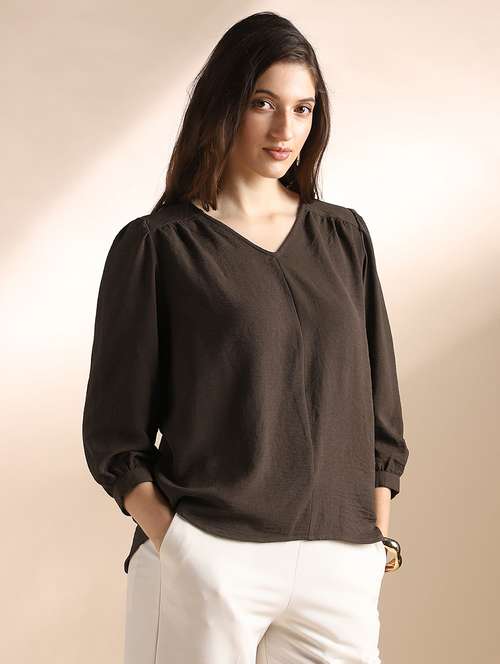 globus women brown self design v-neck gathered detail workwear top - 22052977 - Standard Image - 0