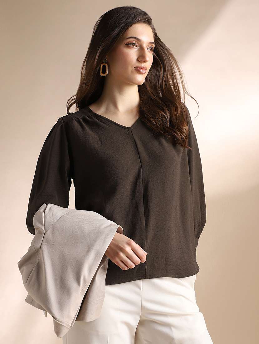 globus women brown self design v-neck gathered detail workwear top - 22052977 - Standard Image - 1