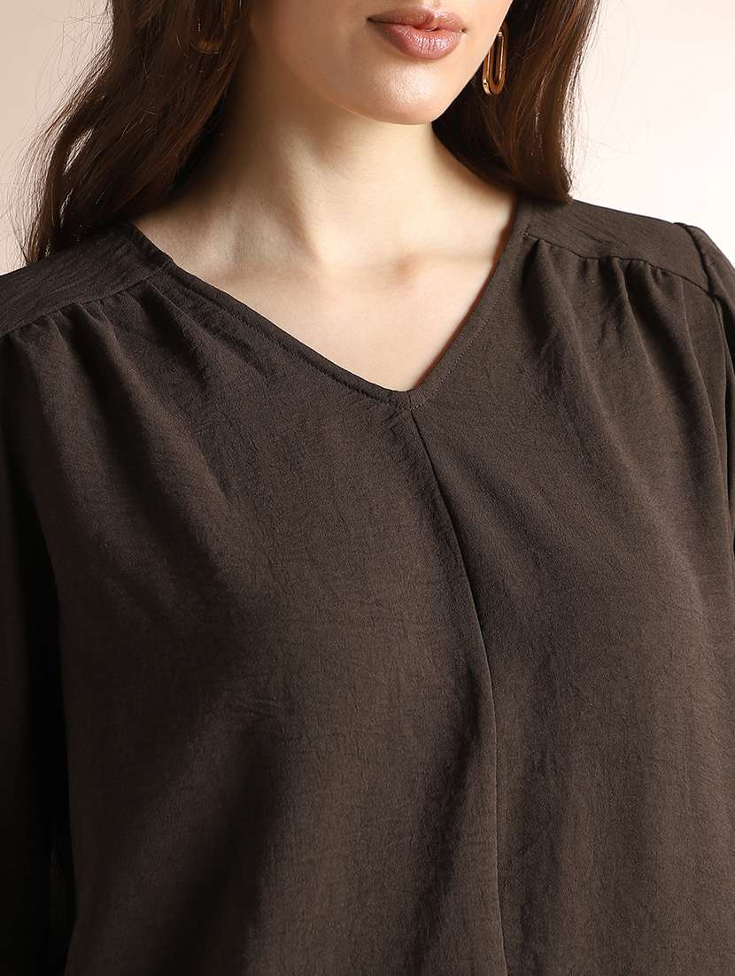 globus women brown self design v-neck gathered detail workwear top - 22052977 - Standard Image - 4