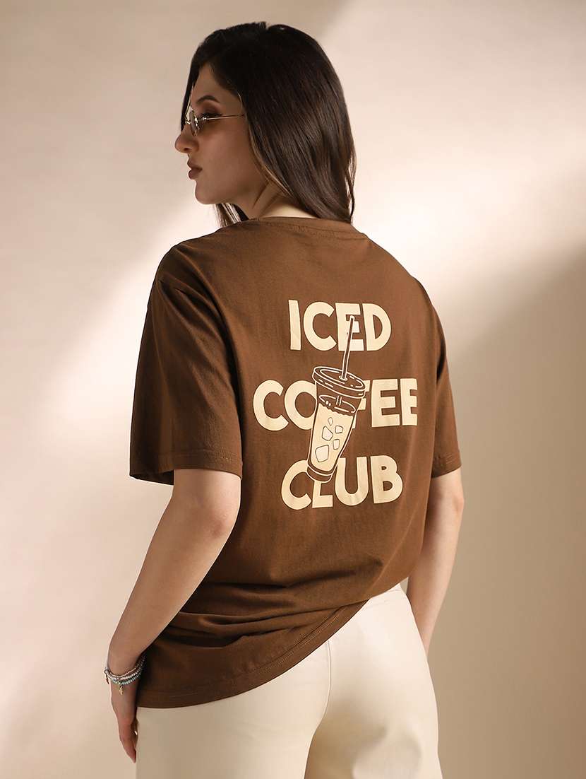 globus women brown round neck drop shoulder sleeves graphic back print oversized t-shirt