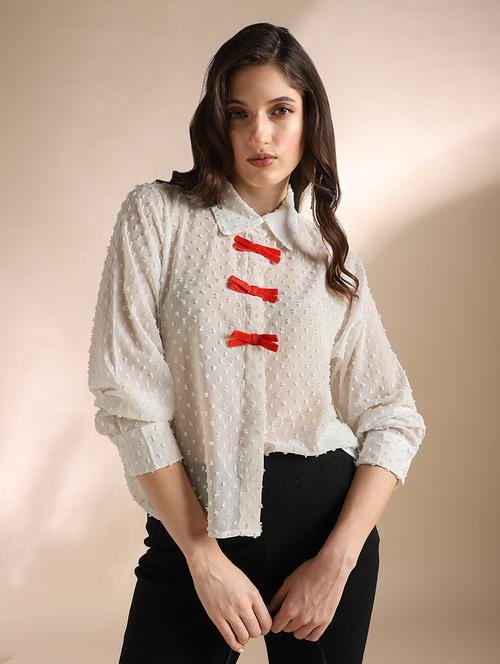 globus women white collared neck cuffed sleeves self design velvet bow detail georgette workwear shirt - 22052979 - Standard Image - 0