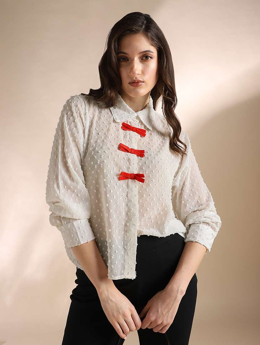 globus women white collared neck cuffed sleeves self design velvet bow detail georgette workwear shirt - 22052979 - Zoom Image - 0