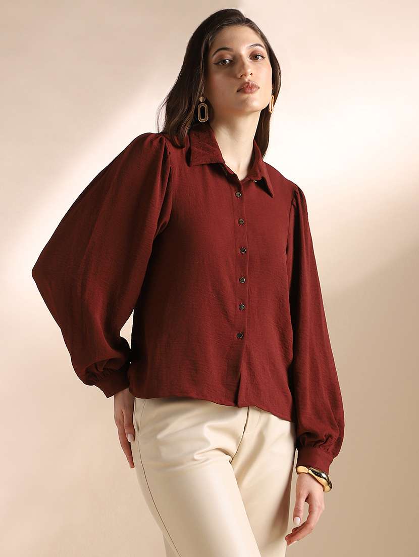globus women maroon self design collared neck puff sleeves workwear shirt - 22052981 -  Standard Image - 1
