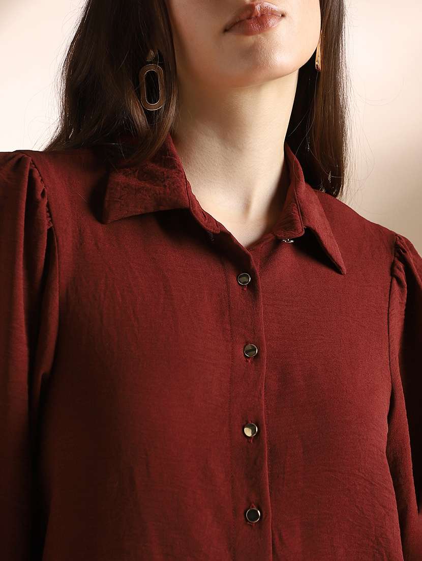globus women maroon self design collared neck puff sleeves workwear shirt - 22052981 -  Standard Image - 4