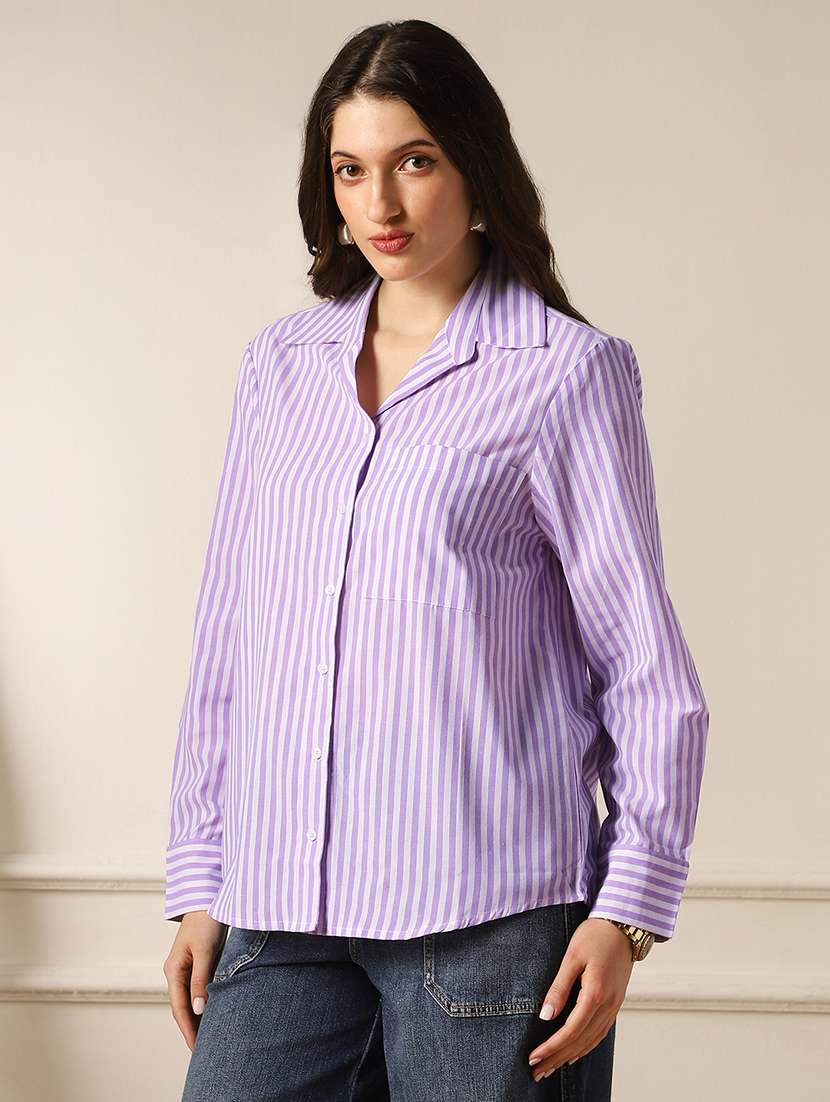 globus women lavender striped collared neck cuffed sleeves front pocket curved hem workwear shirt - 22052982 -  Standard Image - 1