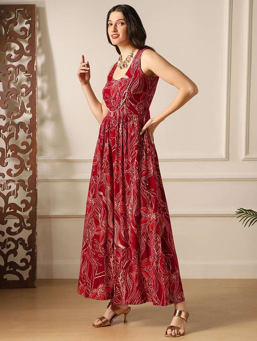 globus women maroon ethnic print round neck lace detail flared wide leg fusion jumpsuit - 22052985 -  Standard Image - 1