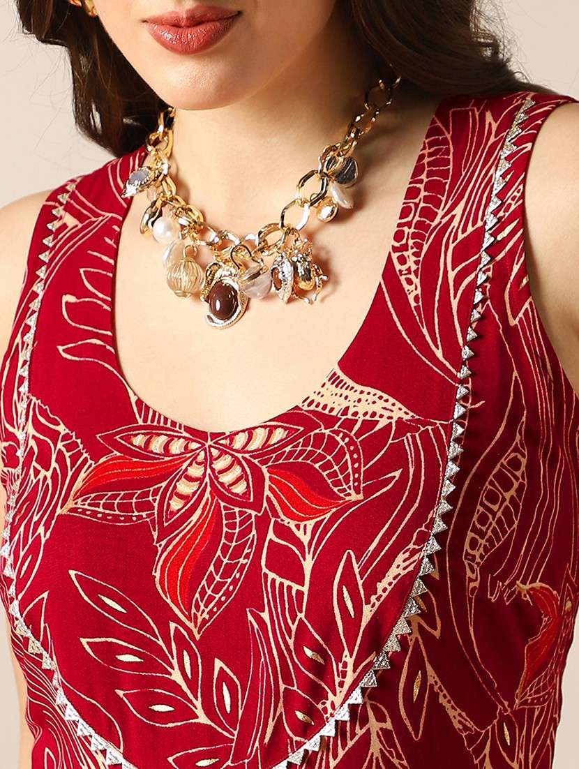 globus women maroon ethnic print round neck lace detail flared wide leg fusion jumpsuit - 22052985 -  Standard Image - 4