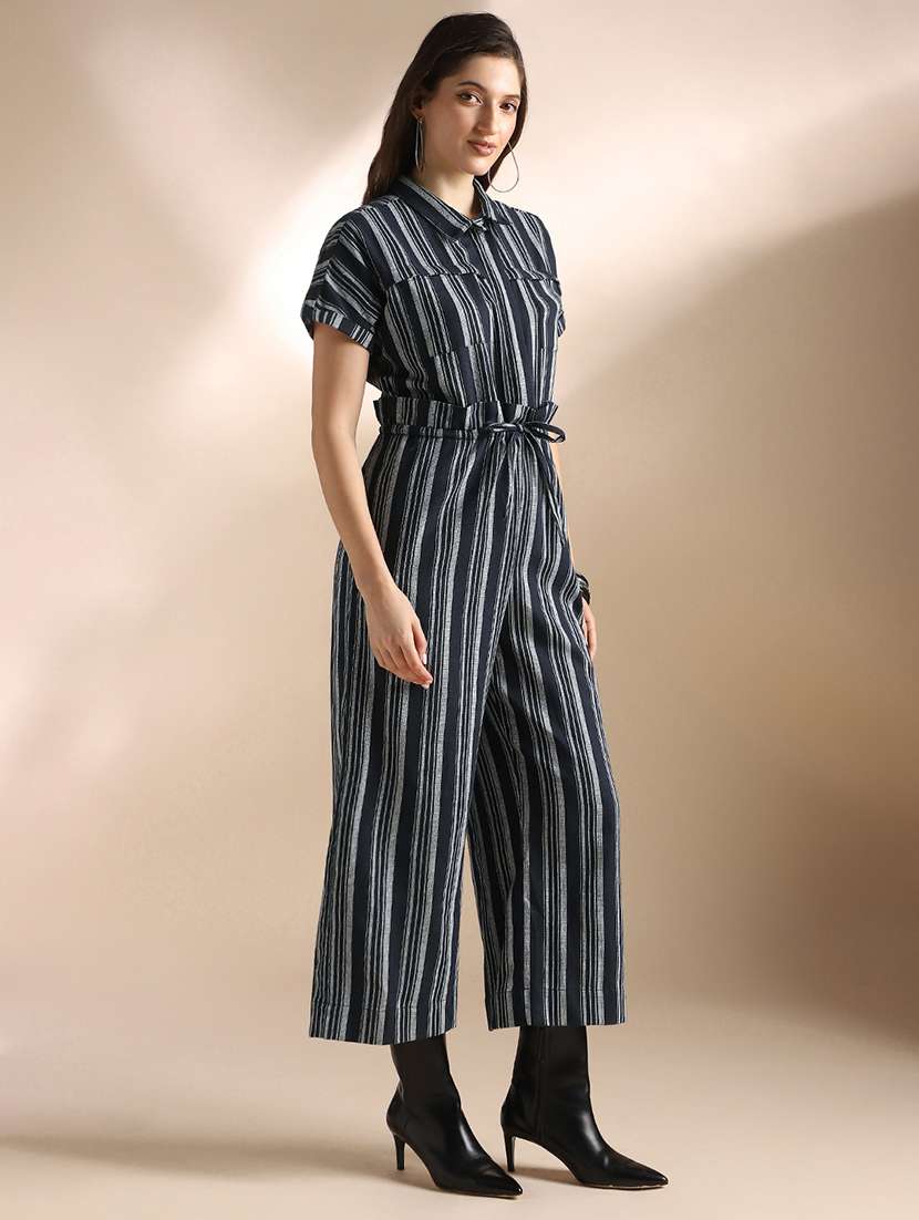 globus women navy blue striped extended sleeves collared neck waist tie-ups wide leg jumpsuit  - 22052986 -  Standard Image - 1