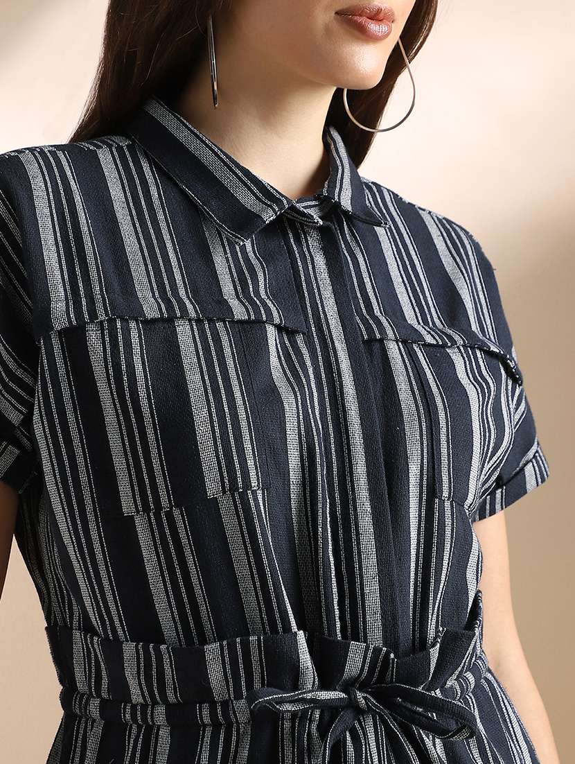 globus women navy blue striped extended sleeves collared neck waist tie-ups wide leg jumpsuit  - 22052986 -  Standard Image - 4