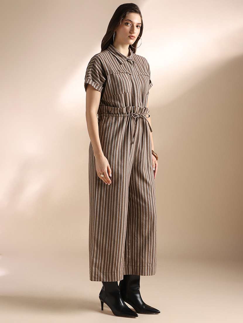globus women brown striped extended sleeves collared neck waist tie-ups wide leg jumpsuit  - 22052987 -  Standard Image - 1