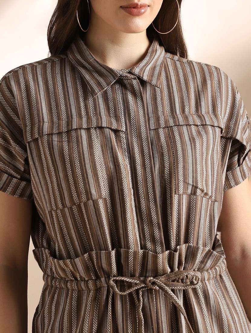 globus women brown striped extended sleeves collared neck waist tie-ups wide leg jumpsuit  - 22052987 -  Standard Image - 4
