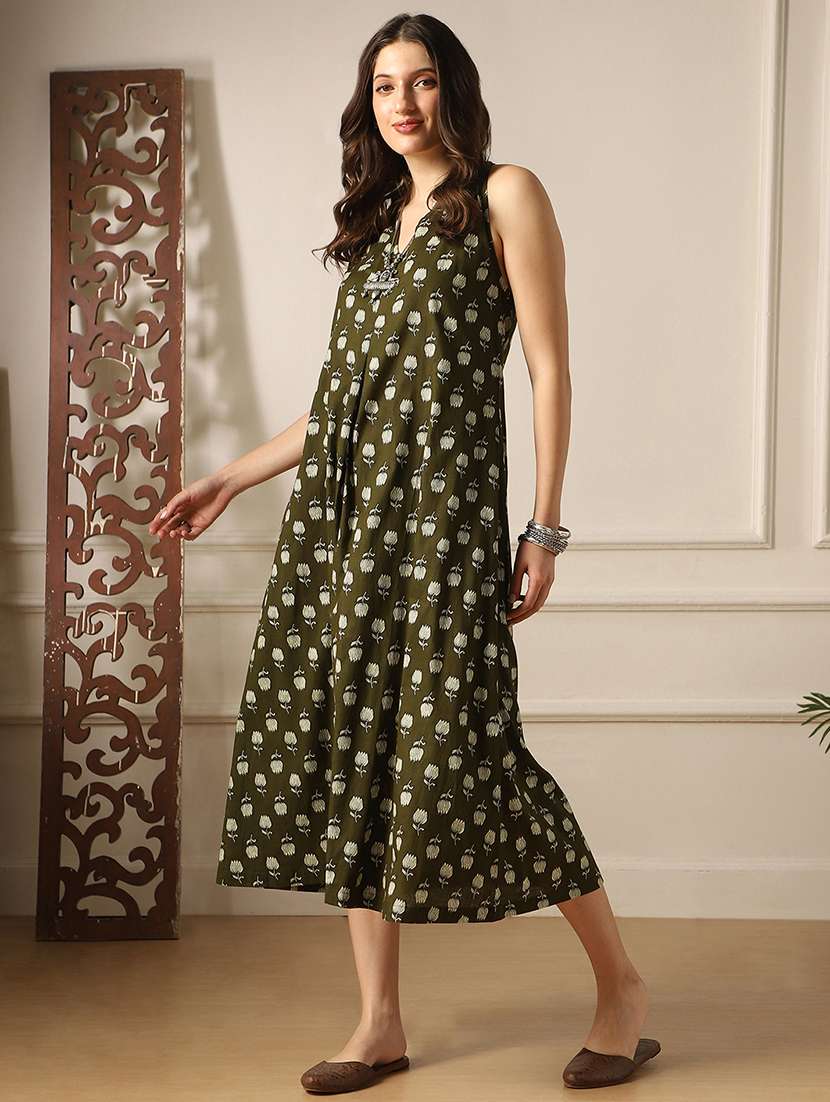 globus women olive floral print v-neck back twisted knot style flared hem a-line midi dress