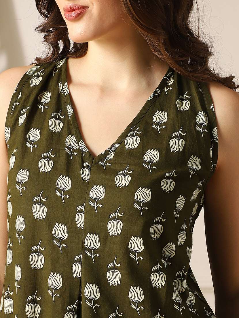 globus women olive floral print v-neck back twisted knot style flared hem a-line midi dress - 22052988 -  Standard Image - 4