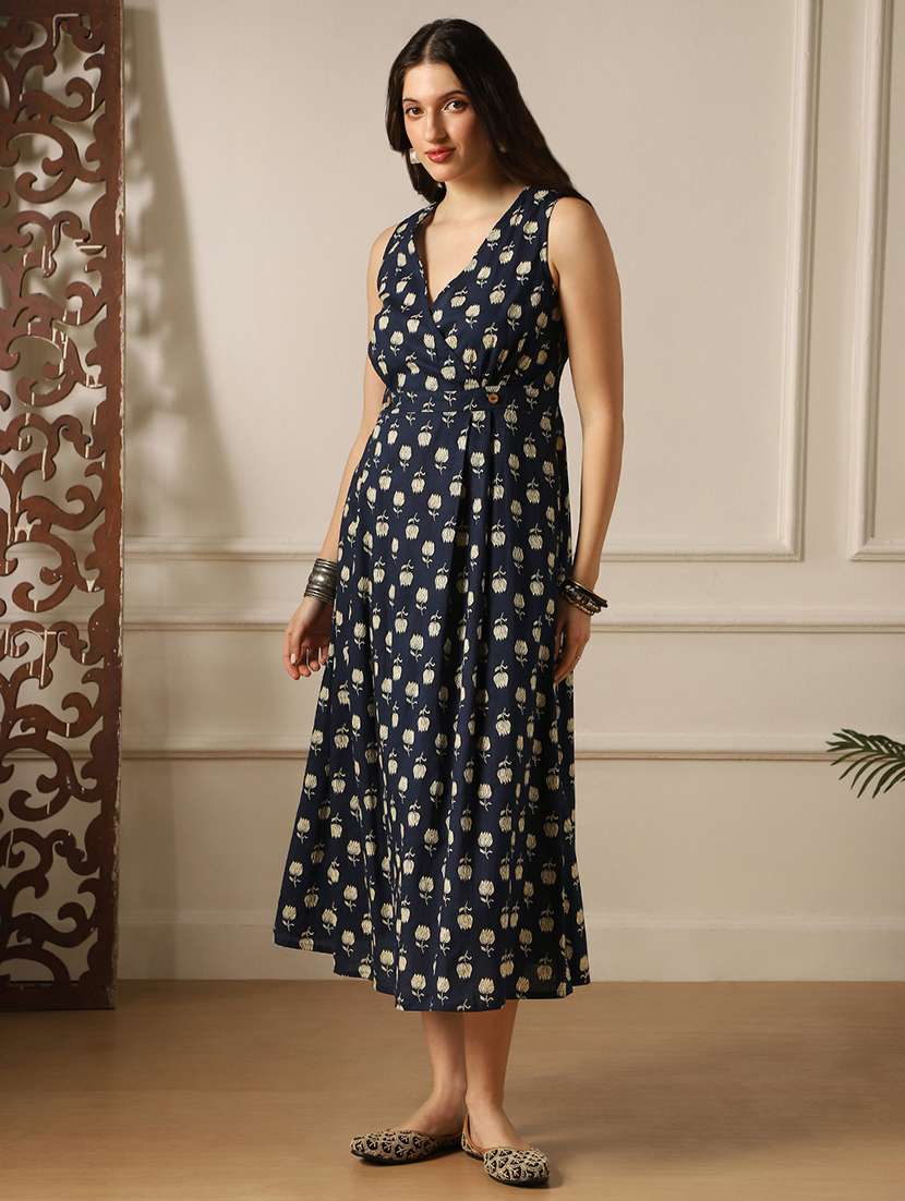 globus women navy blue floral print wrap v-neck smocked detail fit & flared midi dress  - 22052991 -  Standard Image - 1