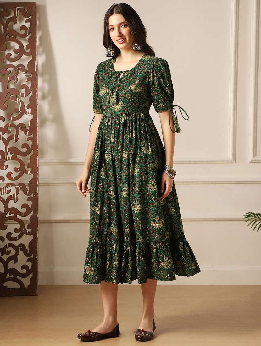 globus women green round neck puff sleeves ethnic print tie-ups detail tiered a-line midi dress - 22052992 -  Standard Image - 1