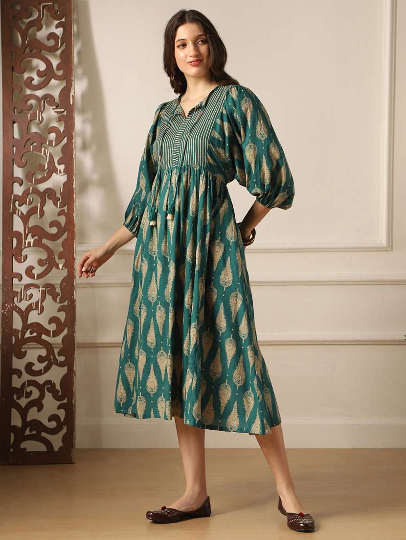 globus women teal ethnic print round tie-up neck bishop sleeves tiered flit & flared midi dress