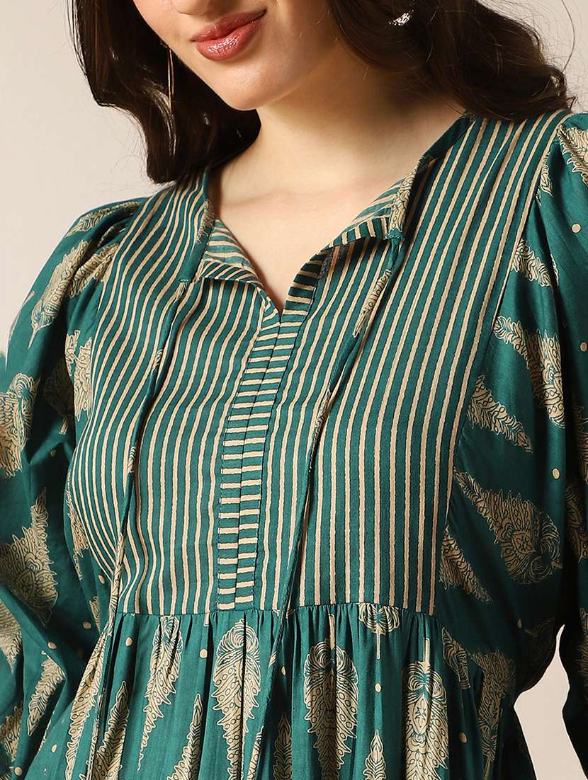 globus women teal ethnic print round tie-up neck bishop sleeves tiered flit & flared midi dress - 22052993 -  Standard Image - 4