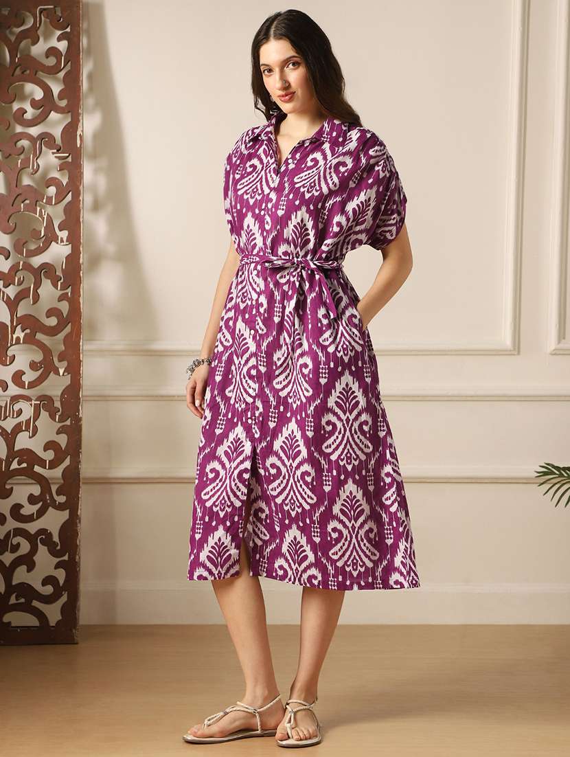 globus women purple ethnic print collared neck extended sleeves belted shirt style midi dress - 22052994 -  Standard Image - 1
