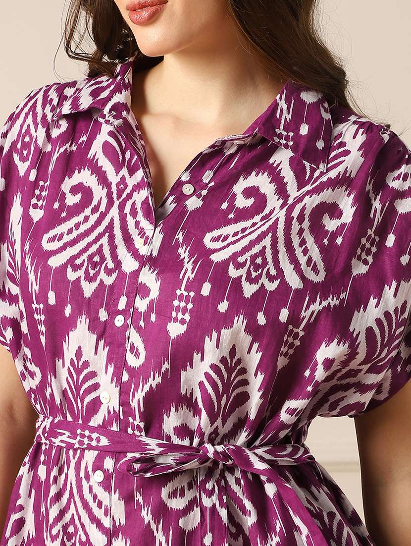 globus women purple ethnic print collared neck extended sleeves belted shirt style midi dress - 22052994 -  Standard Image - 4