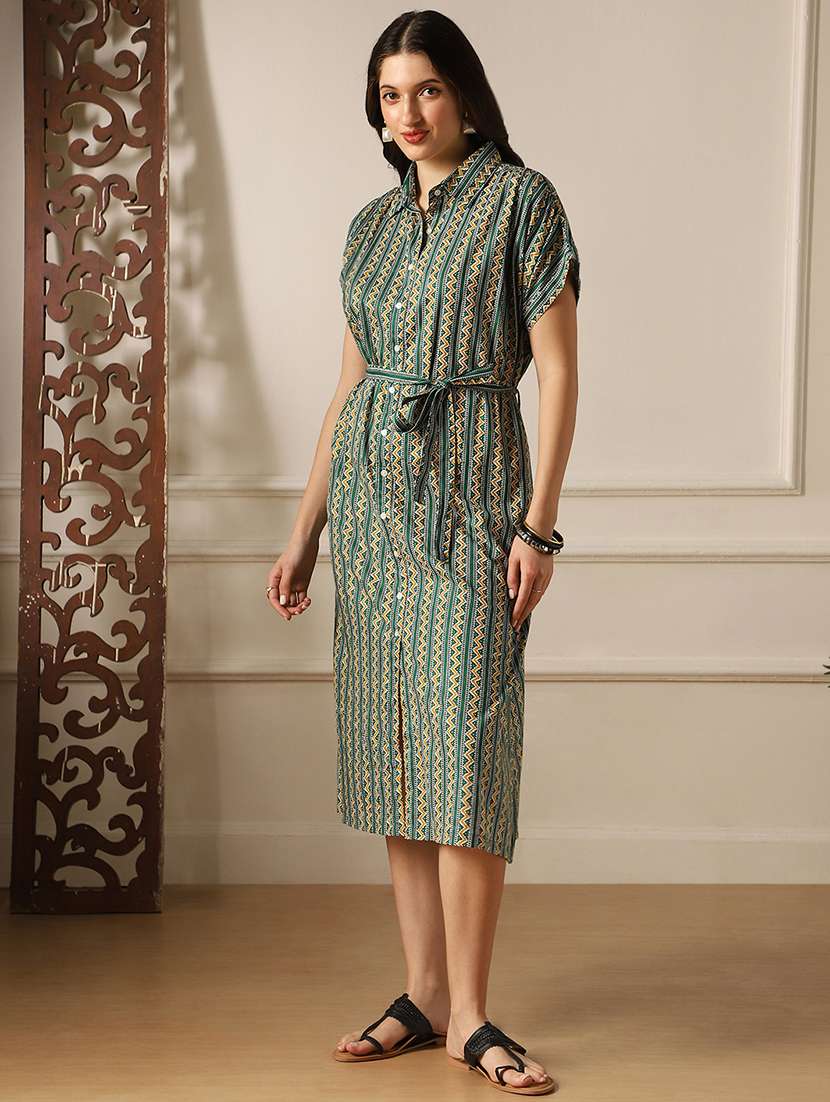 globus women green ethnic print collared neck extended sleeves belted shirt style midi dress - 22052995 -  Standard Image - 1