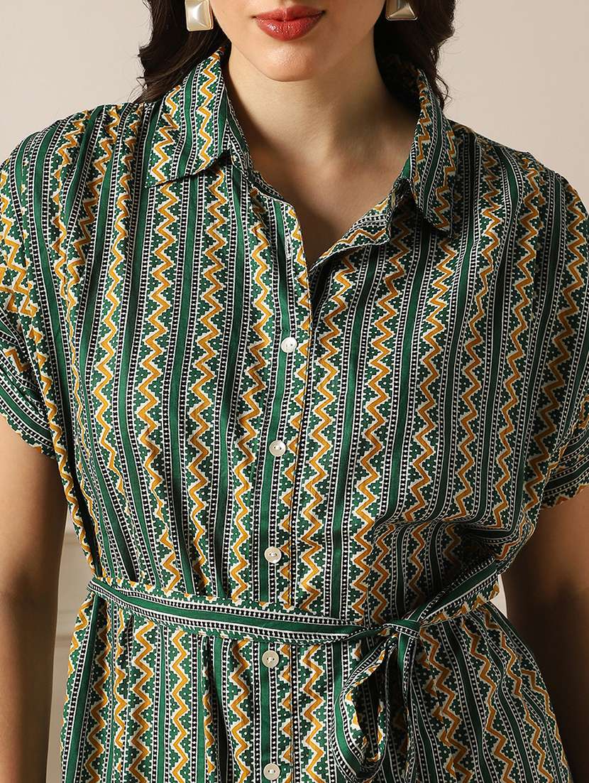 globus women green ethnic print collared neck extended sleeves belted shirt style midi dress - 22052995 -  Standard Image - 4