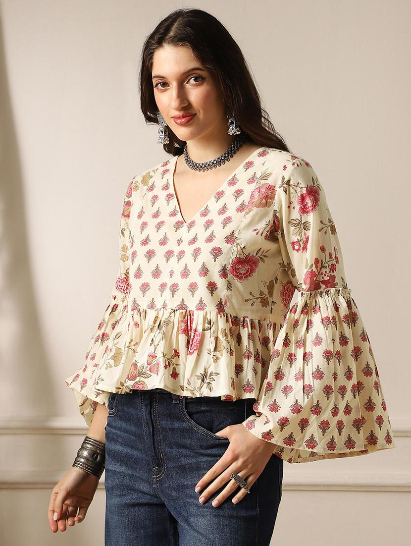 globus women off white v-neck bell sleeves floral print panelled peplum top - 22052998 - Standard Image - 1