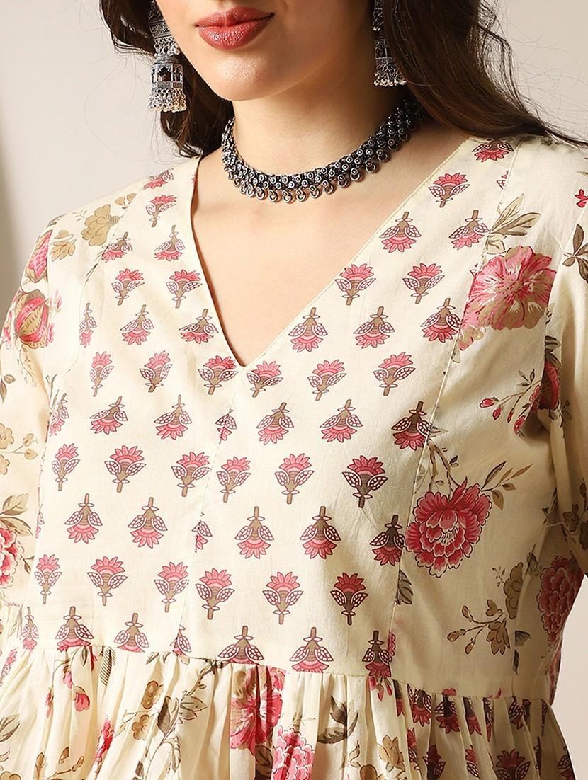 globus women off white v-neck bell sleeves floral print panelled peplum top - 22052998 - Standard Image - 4