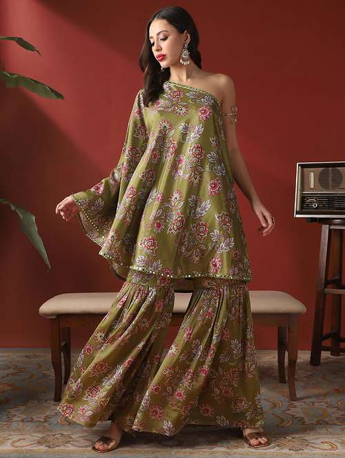 globus women green floral print mirror detail one shoulder bell sleeves top & sharara festive co-ord set - 22053005 -  Standard Image - 0
