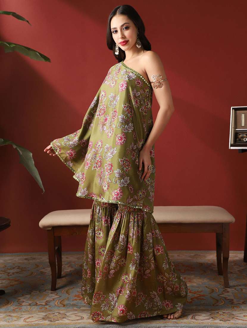 globus women green floral print mirror detail one shoulder bell sleeves top & sharara festive co-ord set - 22053005 - Standard Image - 1