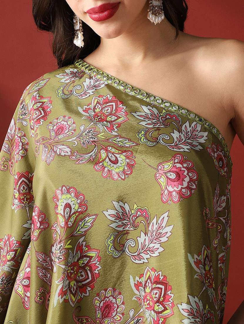 globus women green floral print mirror detail one shoulder bell sleeves top & sharara festive co-ord set - 22053005 - Standard Image - 4