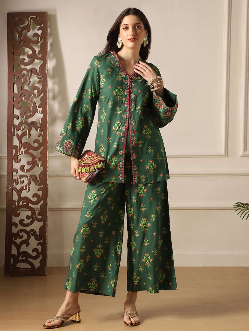 globus women green embroidery detail mirror work ethnic motifs bell sleeves front slit top with pants fusion co-ord set - 22053006 - Zoom Image - 0