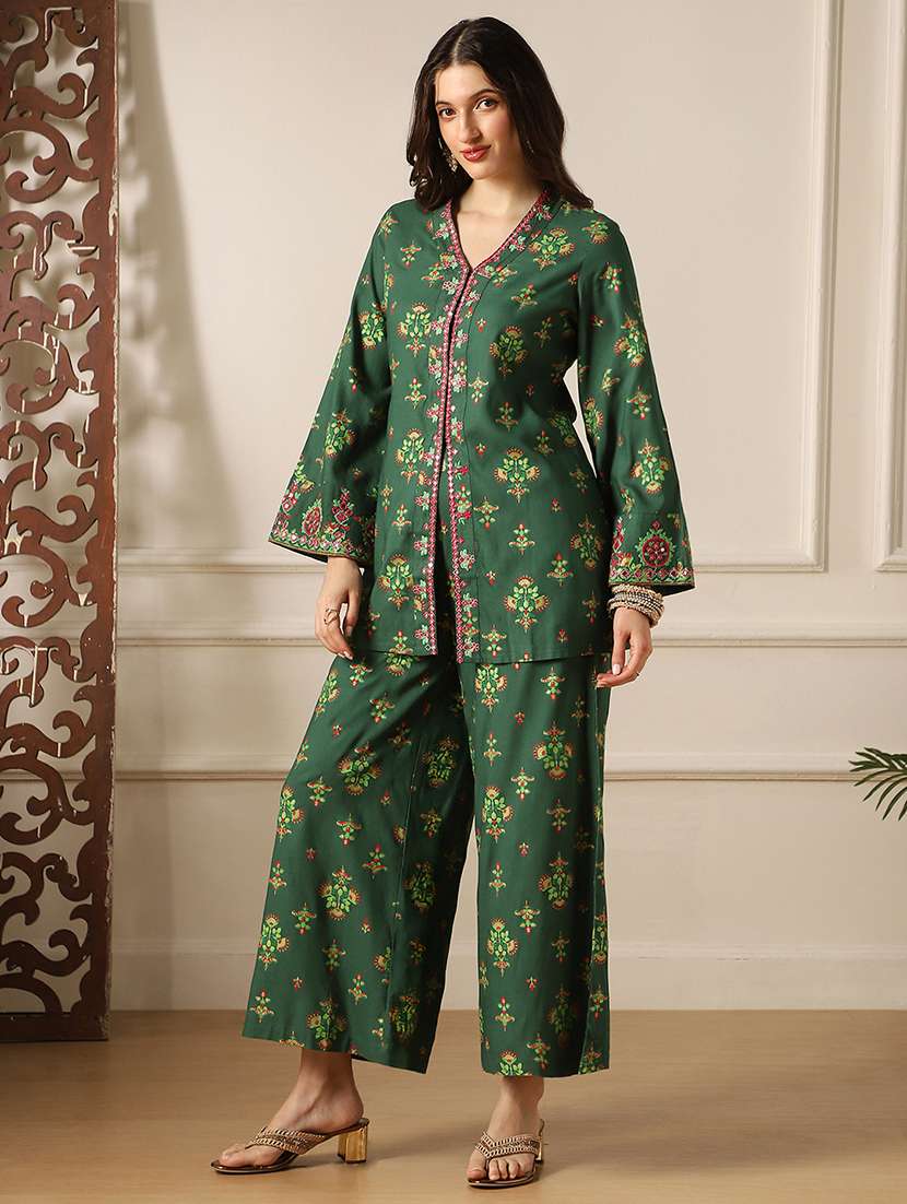 globus women green embroidery detail mirror work ethnic motifs bell sleeves front slit top with pants fusion co-ord set - 22053006 - Standard Image - 1