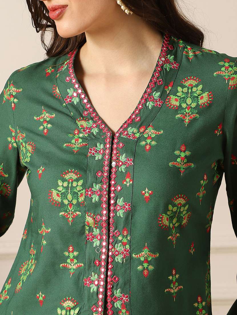 globus women green embroidery detail mirror work ethnic motifs bell sleeves front slit top with pants fusion co-ord set - 22053006 - Standard Image - 4