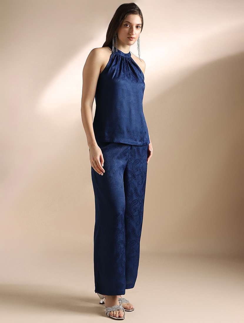 globus women blue halter neck self design sleeveless top & trousers party co-ord set - 22053007 -  Standard Image - 1