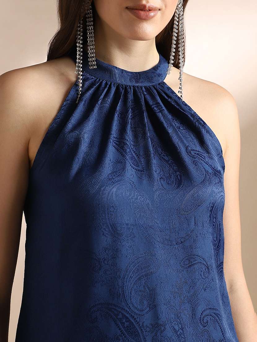 globus women blue halter neck self design sleeveless top & trousers party co-ord set - 22053007 - Standard Image - 4