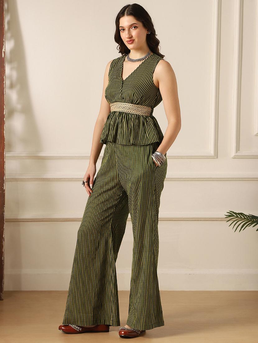 globus women olive v-neck striped embroidered belt peplum top & bell bottom pants fusion co-ord set - 22053010 - Standard Image - 1