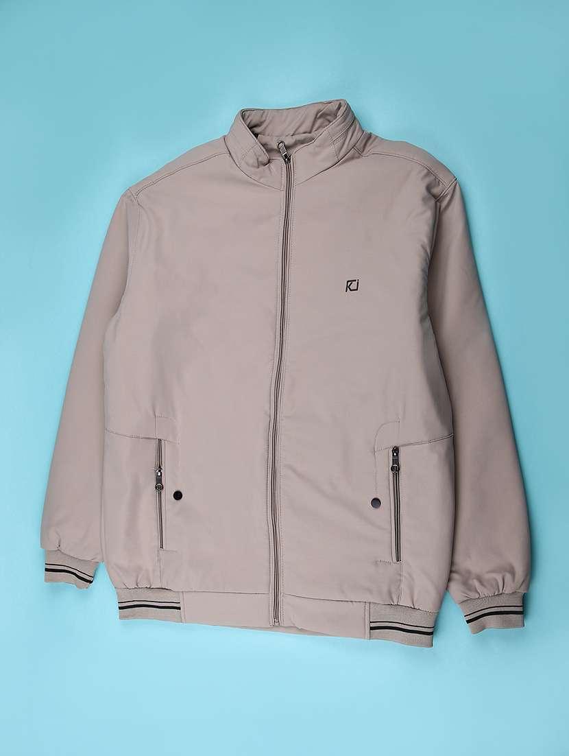 men solid stand collar long sleeve casual jacket