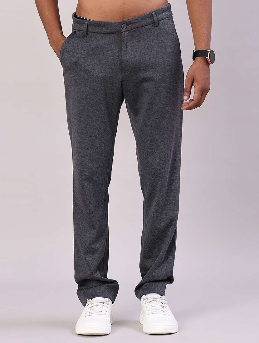 men solid mid rise flat front casual trouser
