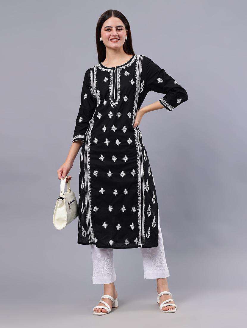 women chikankari three quarter sleeve straight kurta