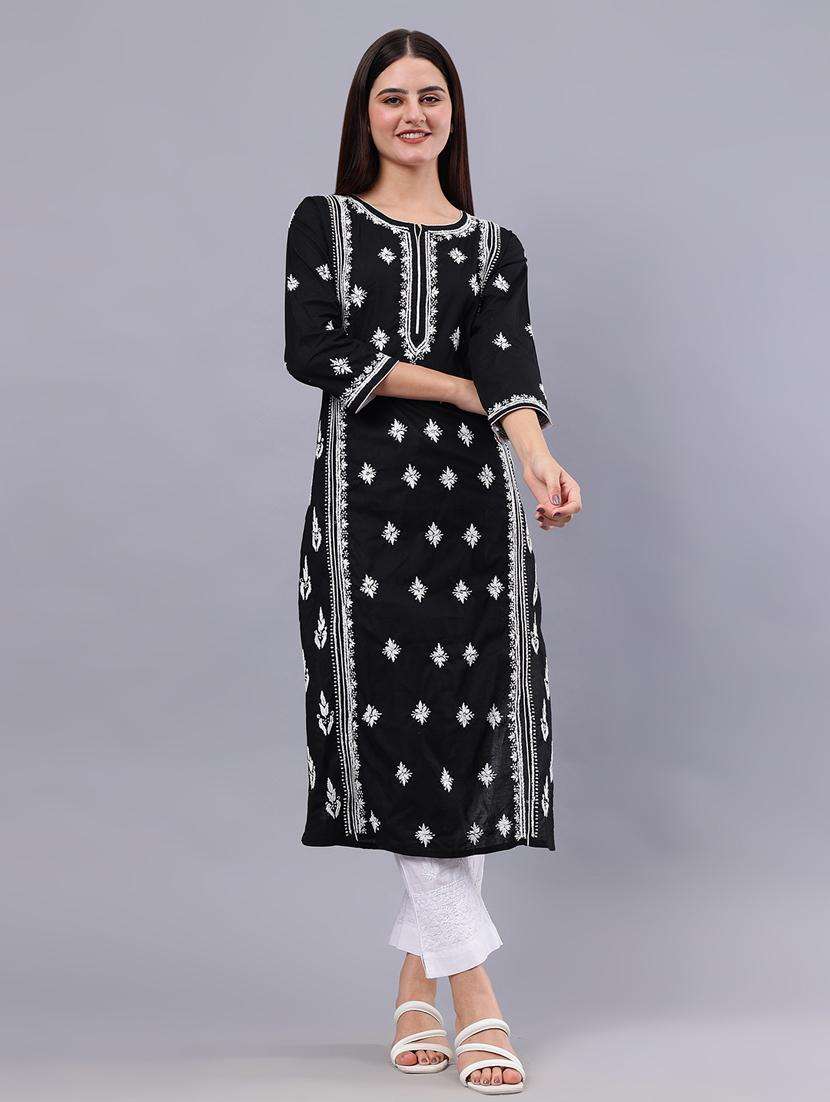 women chikankari three quarter sleeve straight kurta - 22053646 -  Standard Image - 1