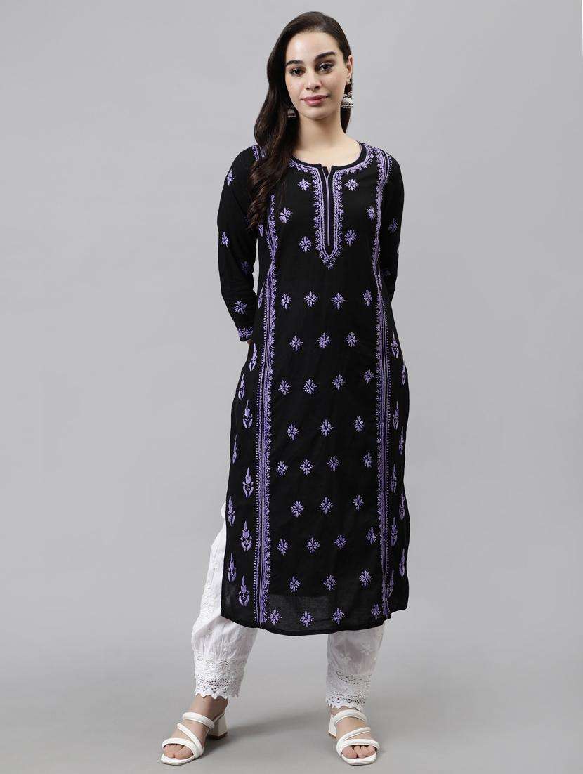 women chikankari three quarter sleeve straight kurta