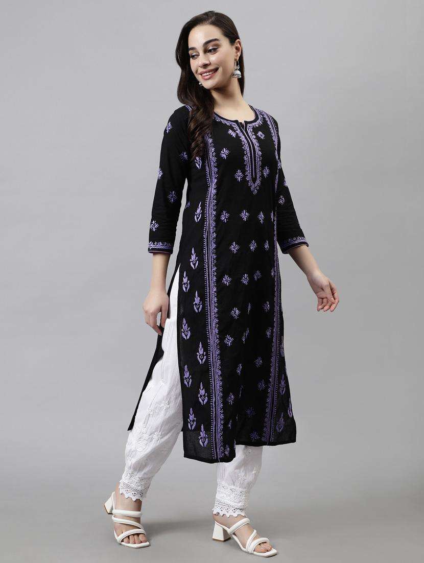 women chikankari three quarter sleeve straight kurta - 22053647 - Standard Image - 1