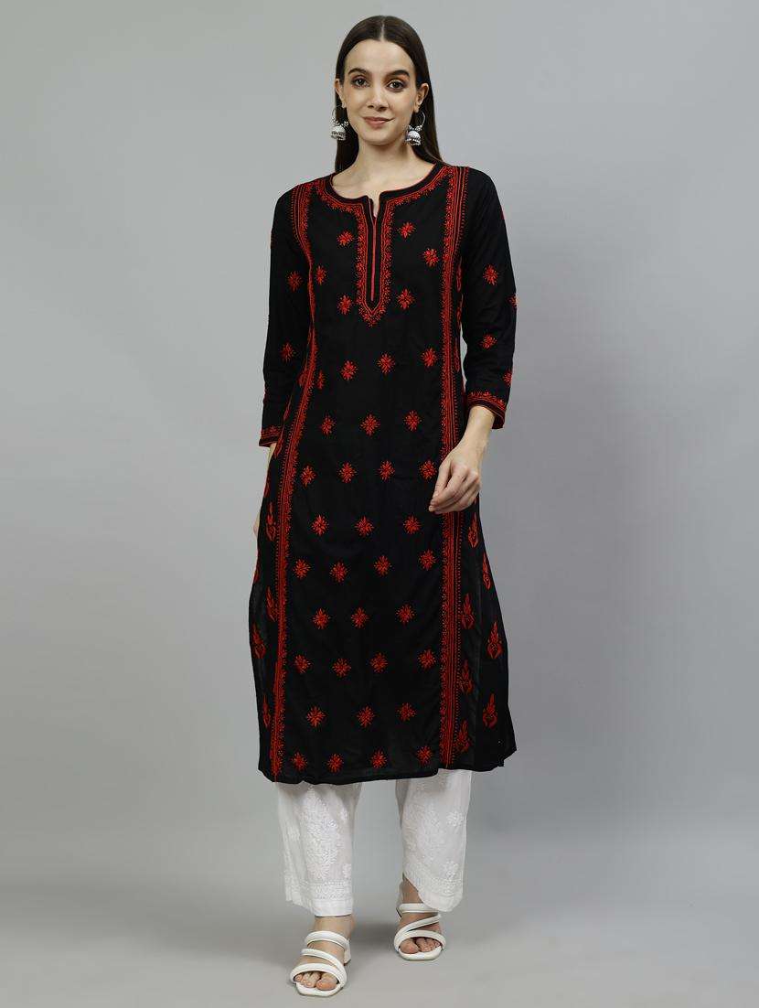 women chikankari three quarter sleeve straight kurta