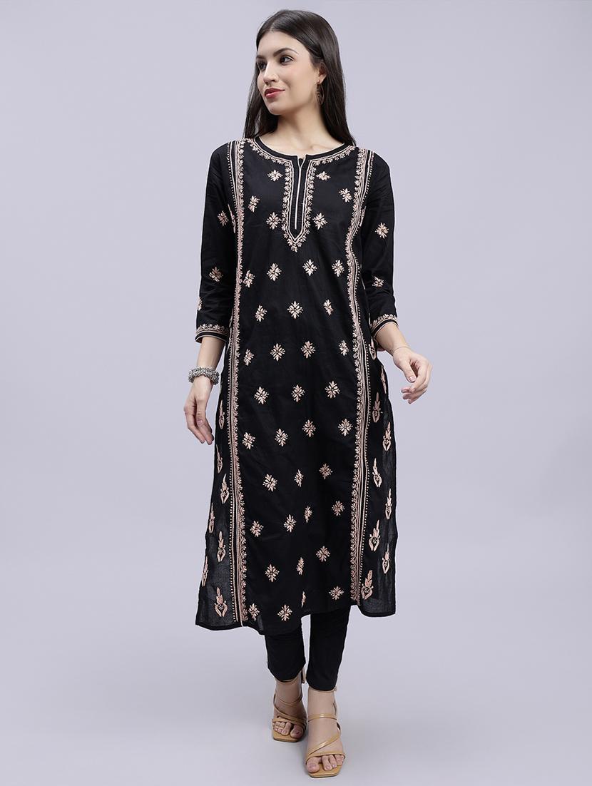 women chikankari three quarter sleeve straight kurta - 22053649 - Zoom Image - 0
